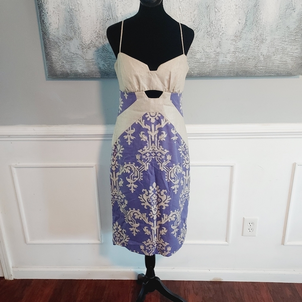 Nicole Miller Linen Metallic Printed Bodycon Cut-Out Knee Length Dress Sz-6